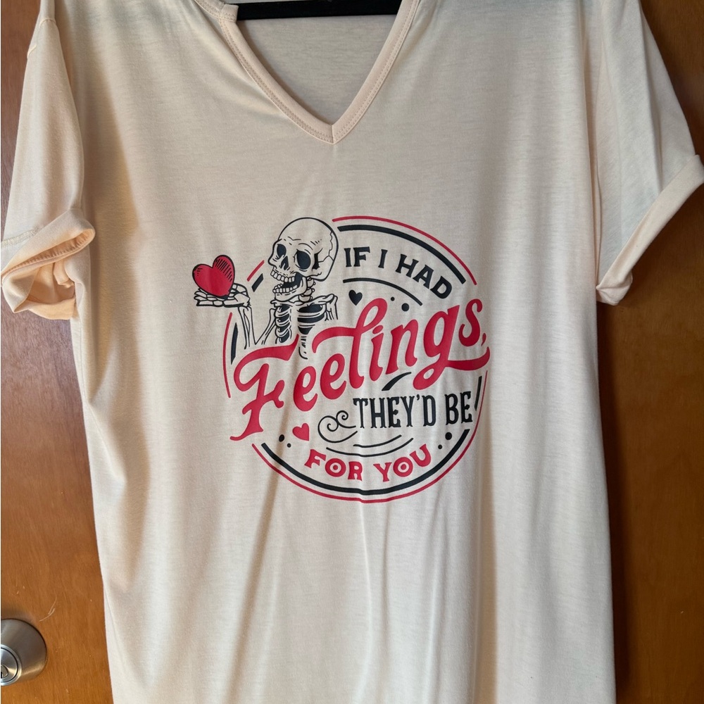 Womens Cream V-Neck Tee with Skeleton Design